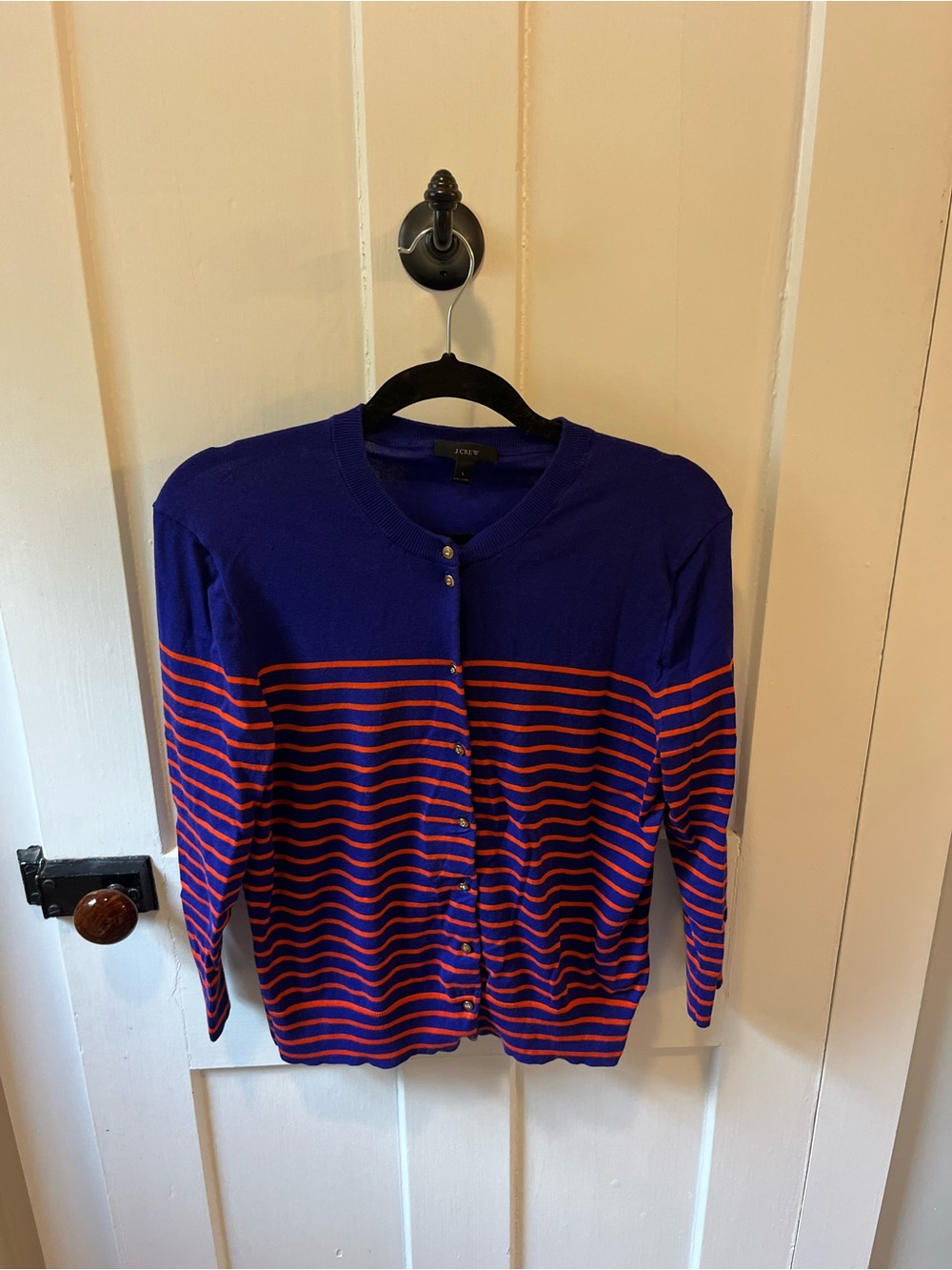 J. Crew Jackie Cardigan Striped Blue Orange Women's L Gold Buttons Nautical